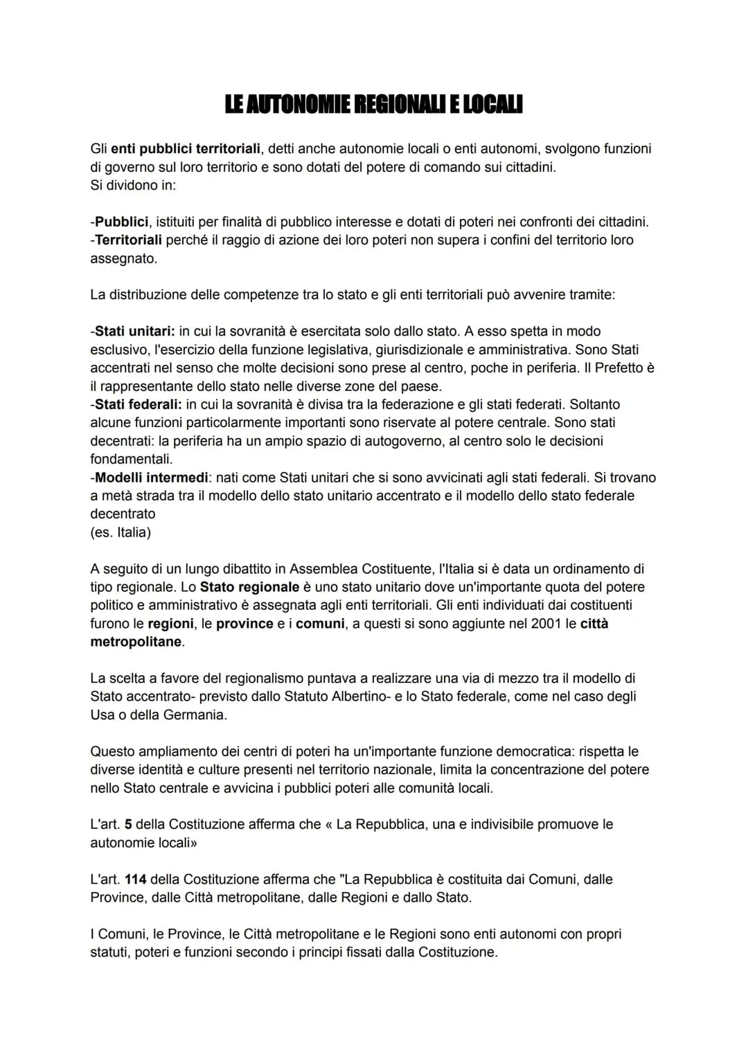 gli enti locali, le regioni, il comune, la provincia, le città metropolitane.