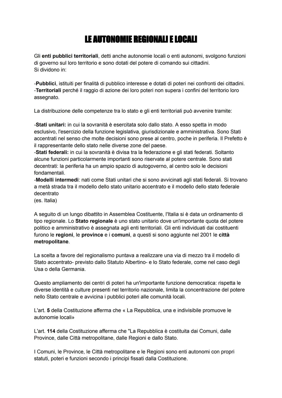 LE AUTONOMIE REGIONALI E LOCALI
Gli enti pubblici territoriali, detti anche autonomie locali o enti autonomi, svolgono funzioni
di governo s