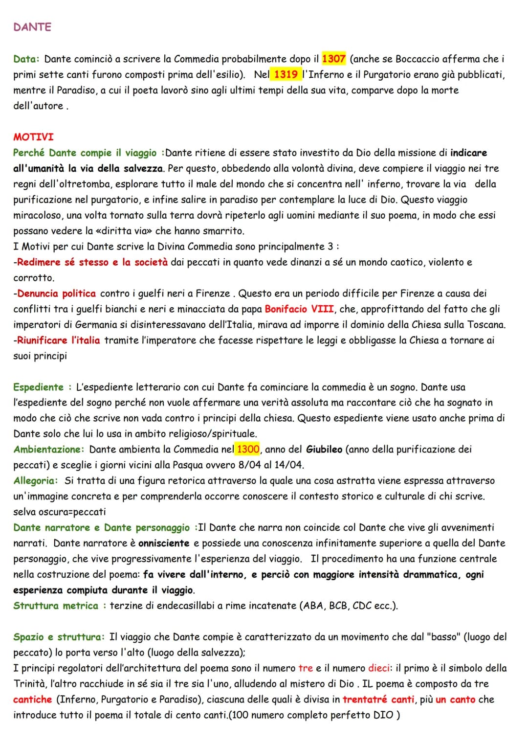 DANTE
Data: Dante cominciò a scrivere la Commedia probabilmente dopo il 1307 (anche se Boccaccio afferma che i
primi sette canti furono comp