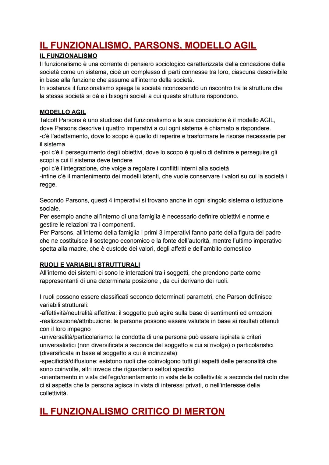 IL FUNZIONALISMO, PARSONS, MODELLO AGIL
IL FUNZIONALISMO
Il funzionalismo è una corrente di pensiero sociologico caratterizzata dalla concez
