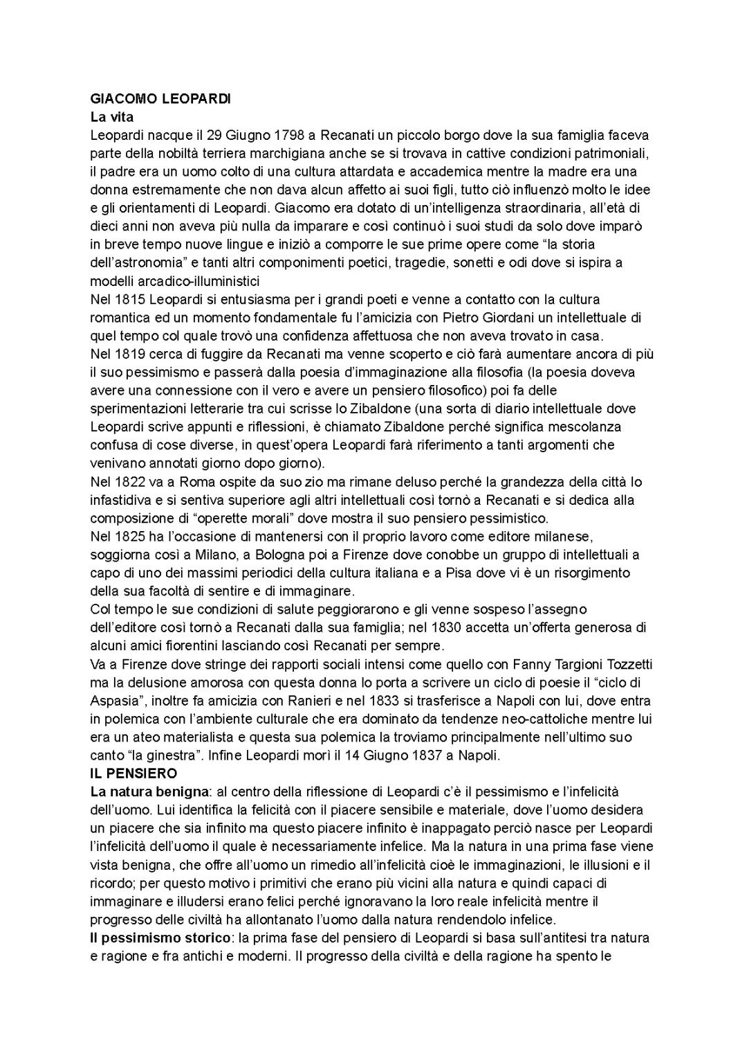 Vita e Opere di Giacomo Leopardi - Riassunti Utili