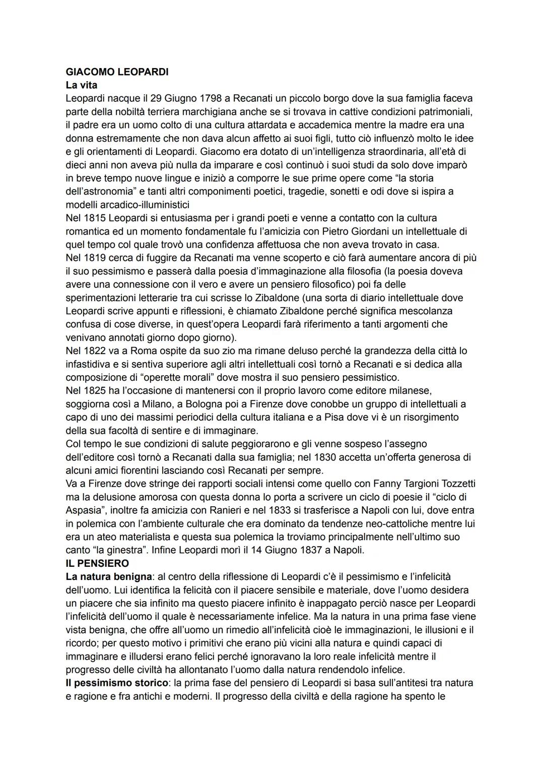GIACOMO LEOPARDI
La vita
Leopardi nacque il 29 Giugno 1798 a Recanati un piccolo borgo dove la sua famiglia faceva
parte della nobiltà terri