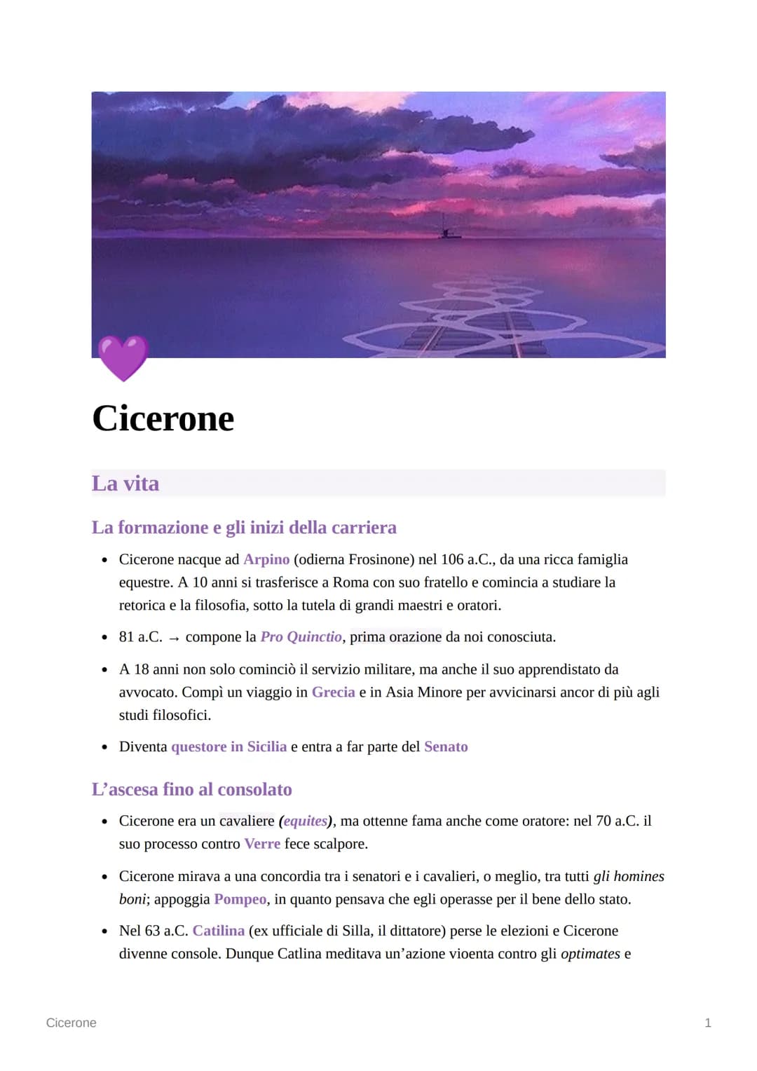 Cicerone
La vita
La formazione e gli inizi della carriera
• Cicerone nacque ad Arpino (odierna Frosinone) nel 106 a.C., da una ricca famigli