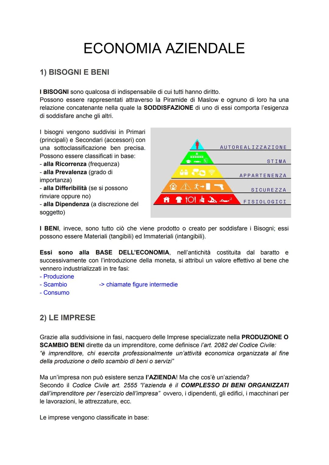 ECONOMIA AZIENDALE
1) BISOGNI E BENI
I BISOGNI sono qualcosa di indispensabile di cui tutti hanno diritto.
Possono essere rappresentati attr