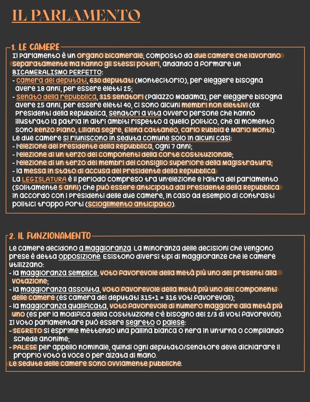 IL PARLAMENTO
-1. LE CAMERE.
Il Parlamento è un organo bicamerale, composto da due camere che lavorano
separatamente ma hanno gli stessi pot