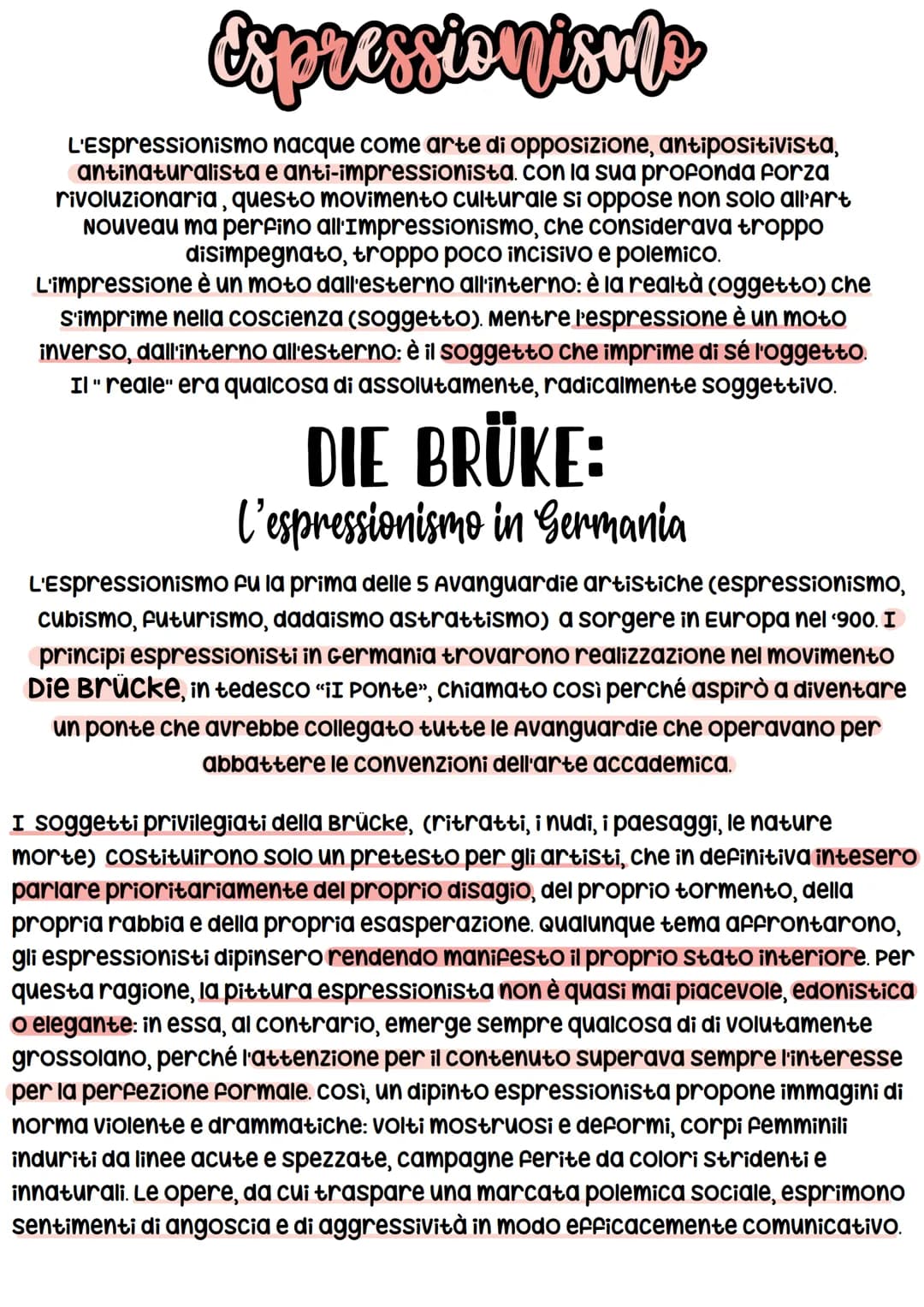 Espressionismo
L'Espressionismo nacque come arte di opposizione, antipositivista,
antinaturalista e anti-impressionista con la sua profonda 