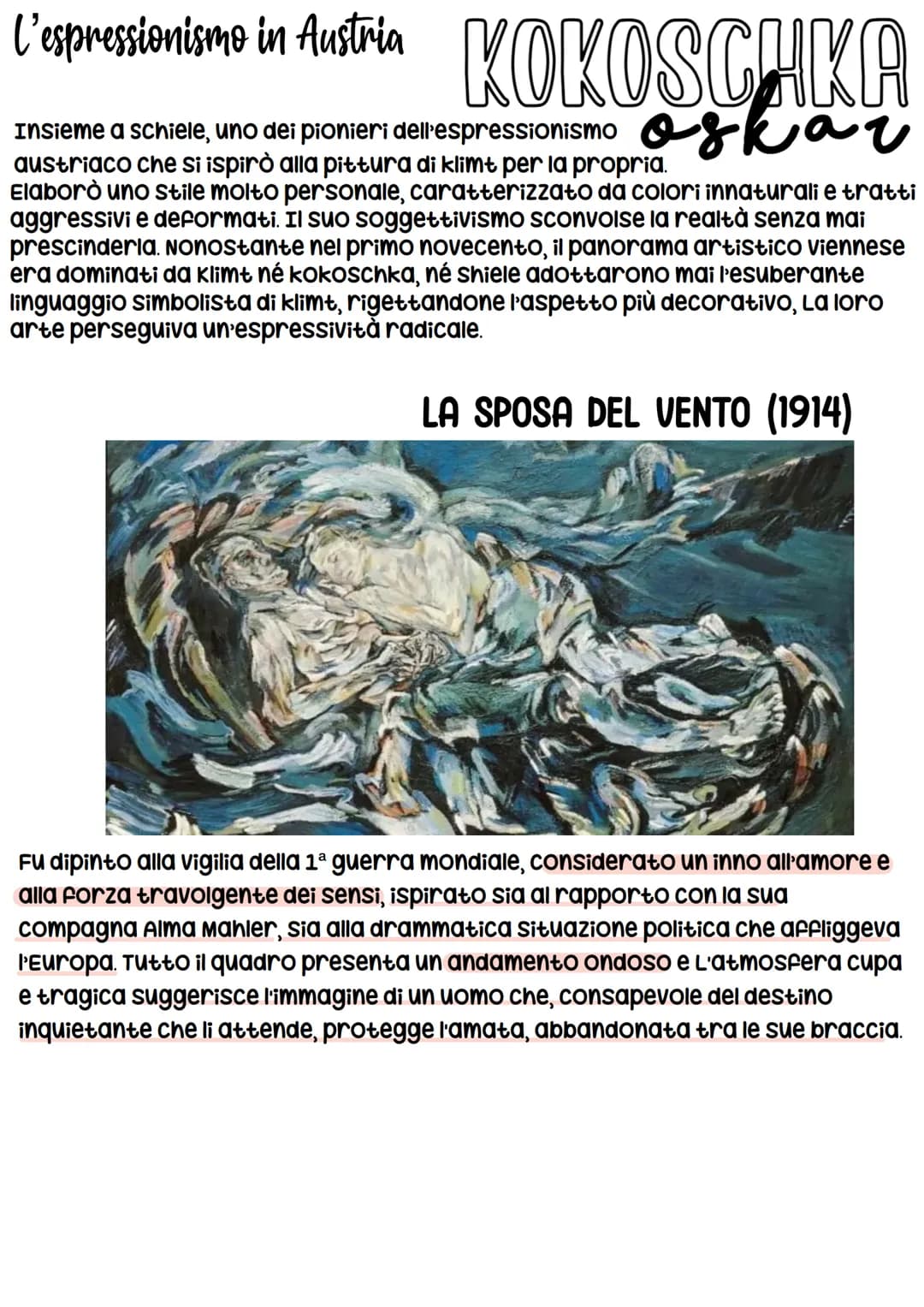 Espressionismo
L'Espressionismo nacque come arte di opposizione, antipositivista,
antinaturalista e anti-impressionista con la sua profonda 