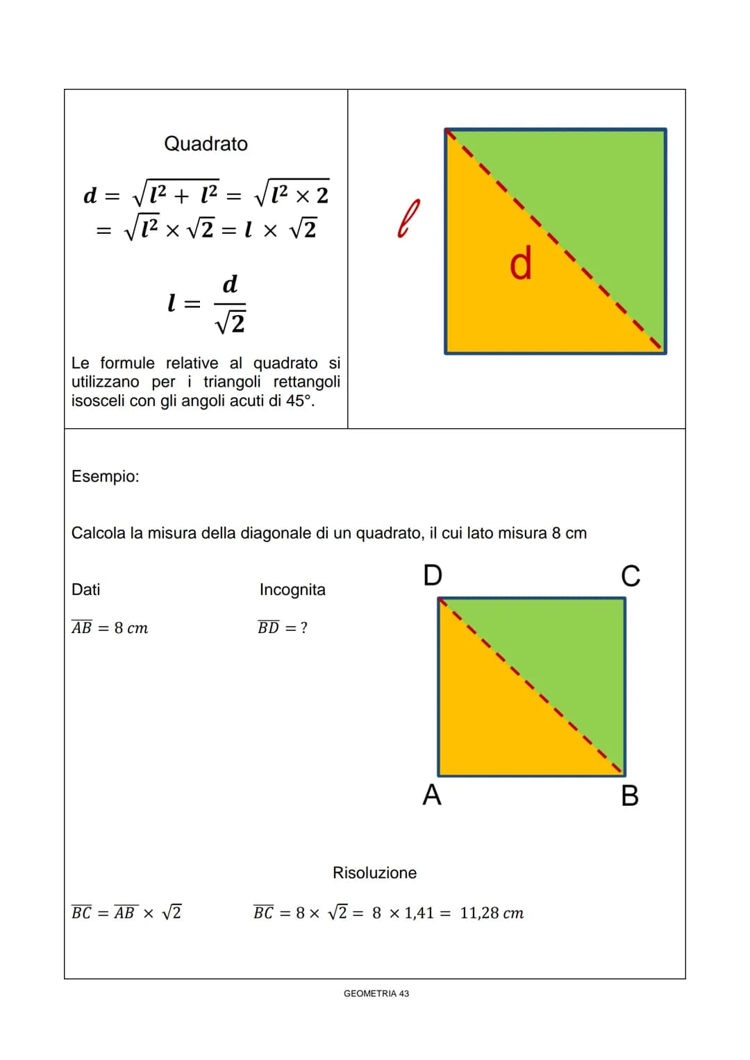 Enunciato
In un triangolo rettangolo il quadrato
costruito sull'ipotenusa è equivalente
alla somma dei quadrati costruiti sui
cateti
TEOREMA