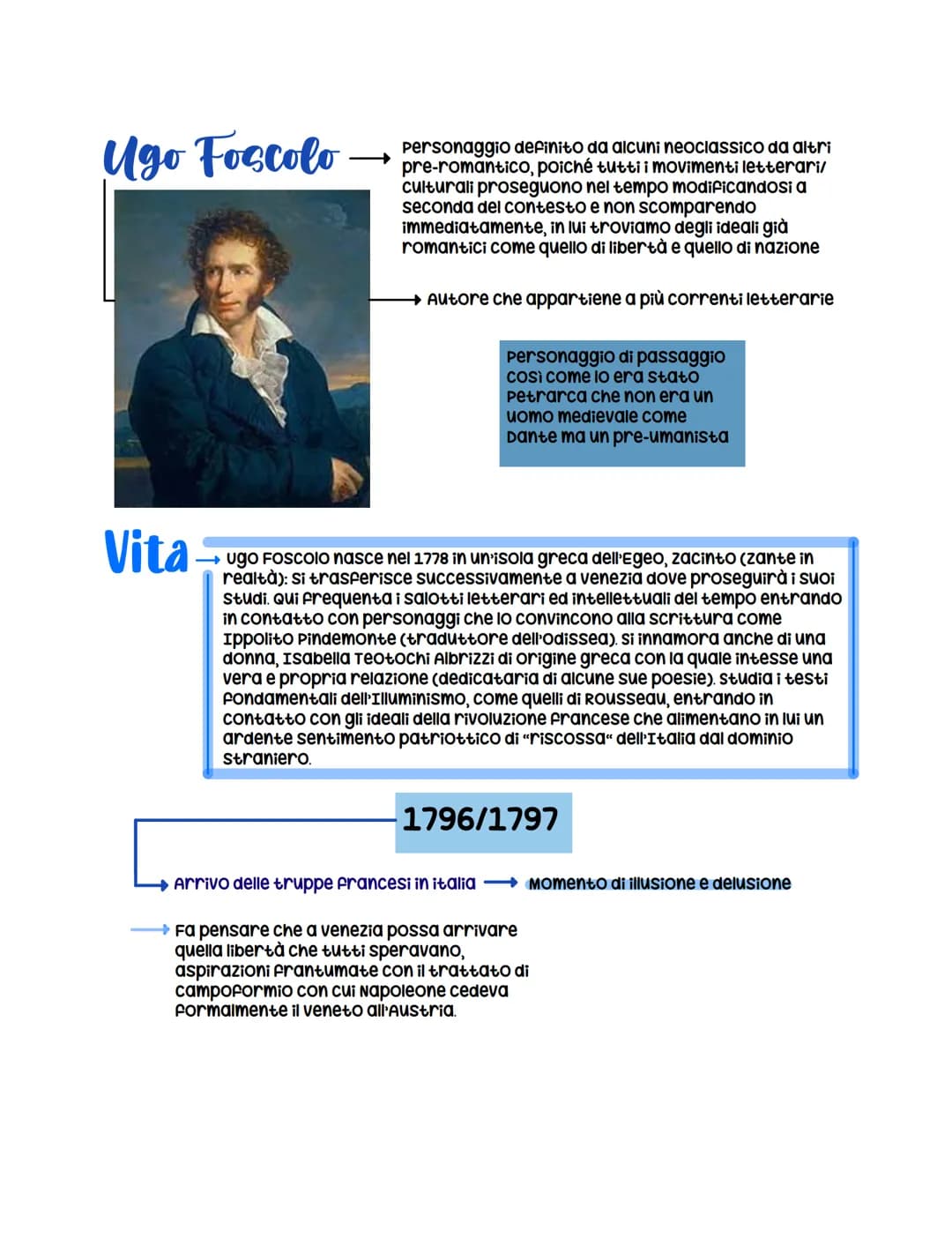 Ugo Foscolo
Vita
Personaggio definito da alcuni neoclassico da altri
pre-romantico, poiché tutti i movimenti letterari/
culturali proseguono