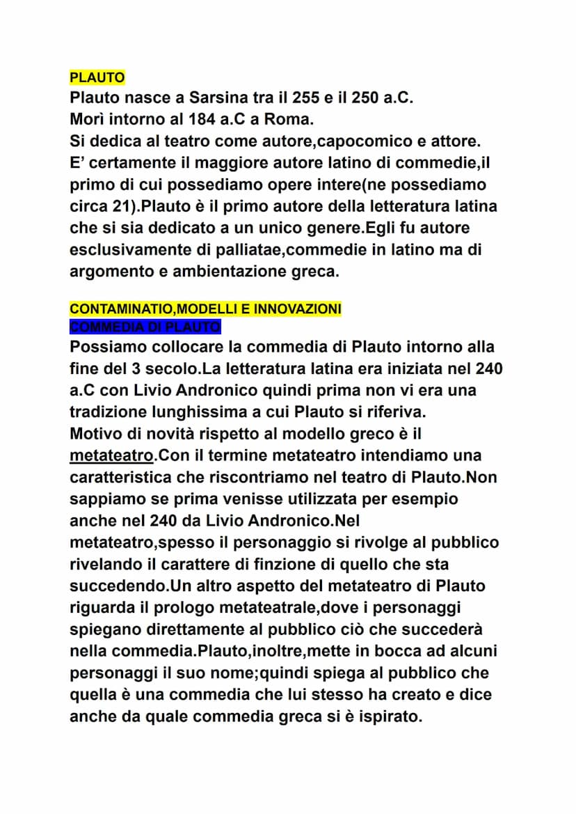 
<p>Plauto nacque a Sarsina tra il 255 e il 250 a.C. e morì intorno al 184 a.C a Roma. Si dedicò al teatro come autore, capocomico e attore.