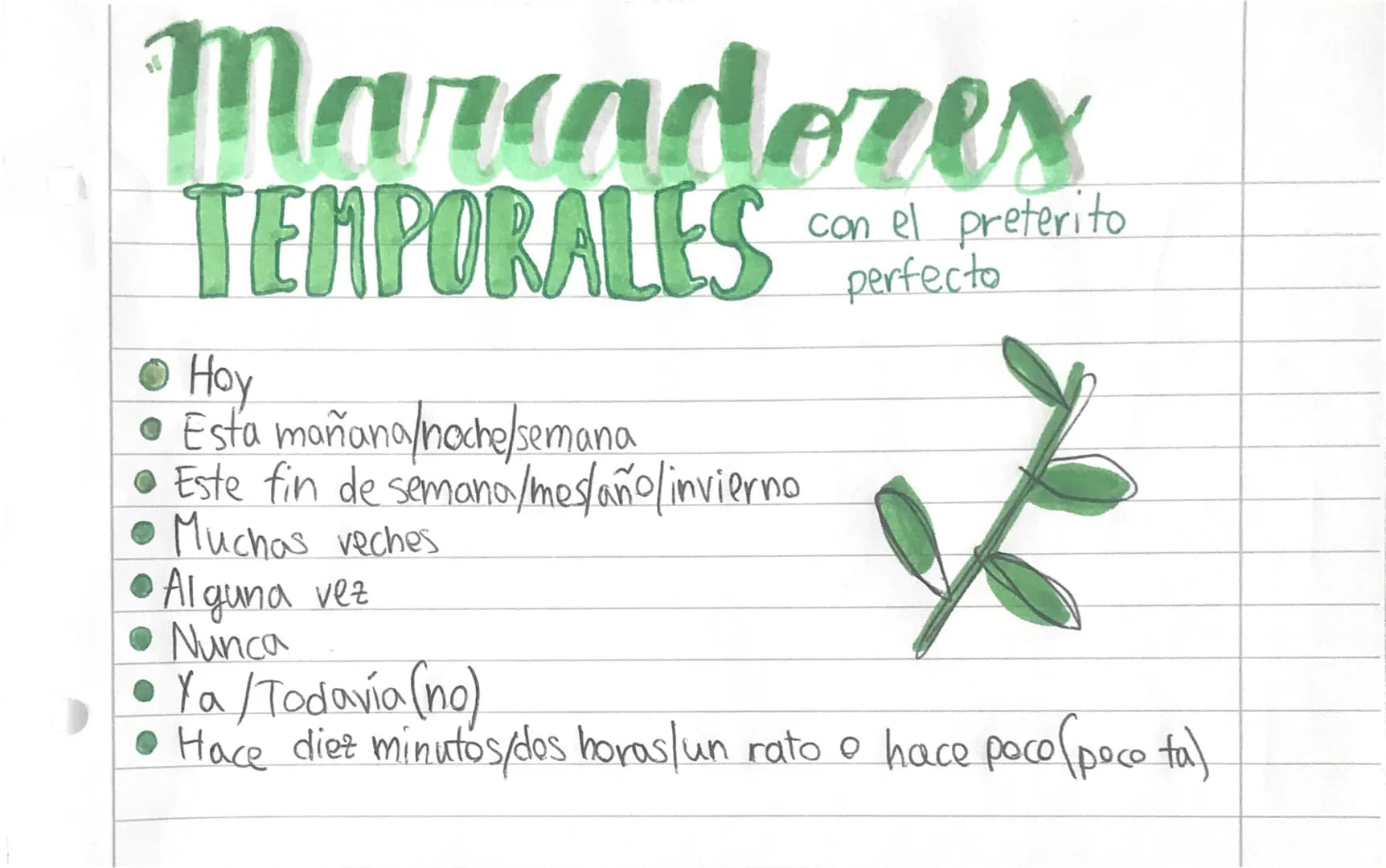 Marcadores
TEMPORALES con el preterito
perfecto
Hoy
• Esta mañana/noche/semana
• Este fin de semano/mes/año/invierno
• Muchas veches
Alguna 
