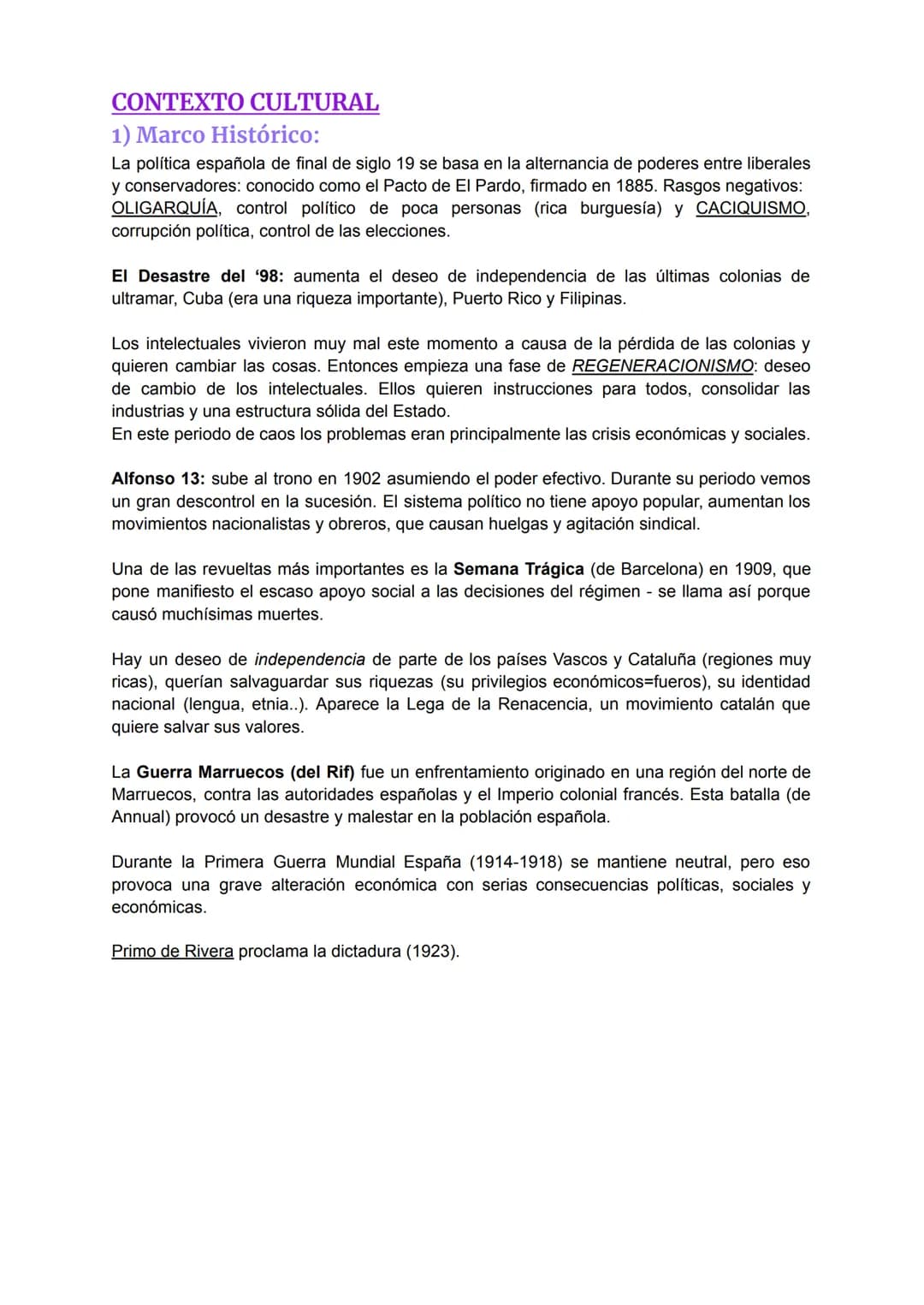 CONTEXTO CULTURAL
1) Marco Histórico:
La política española de final de siglo 19 se basa en la alternancia de poderes entre liberales
y conse