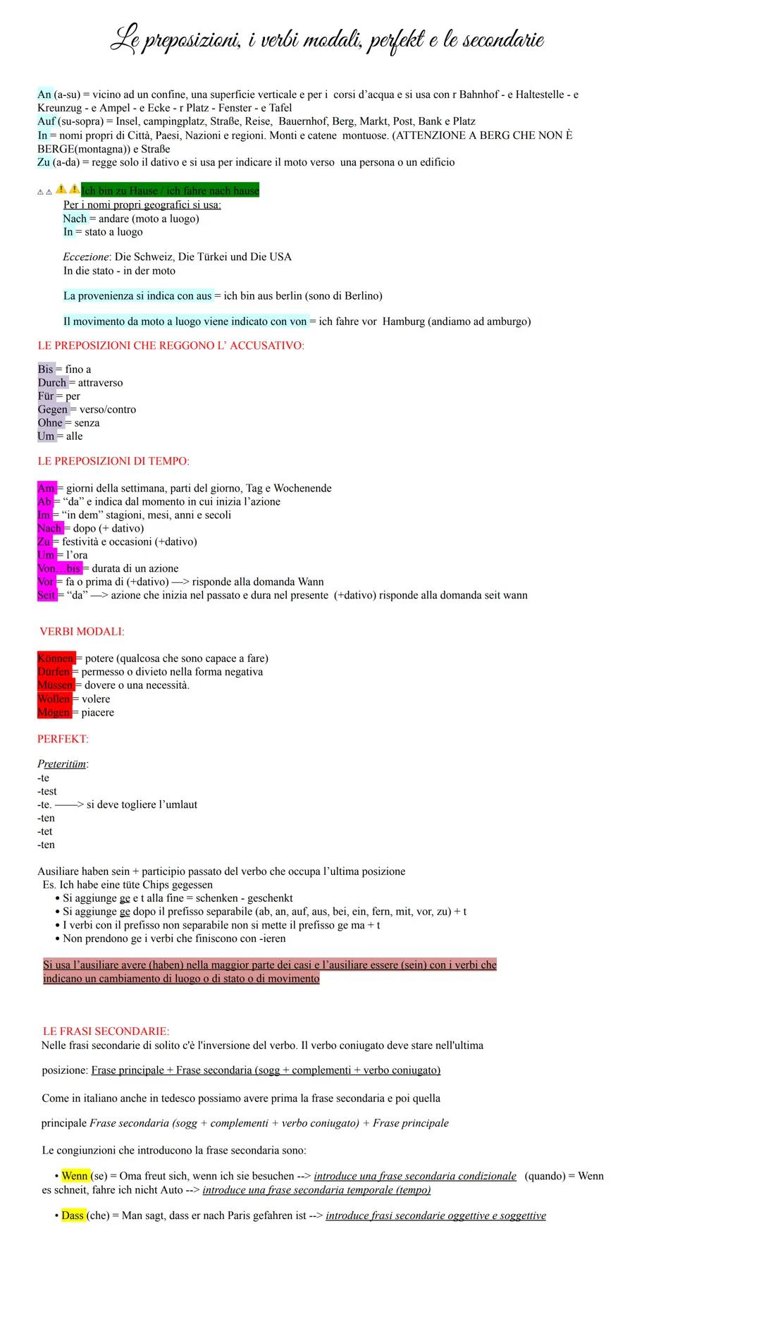 Le preposizioni, i verbi modali, perfeckt prateritum e le frasi secondarie