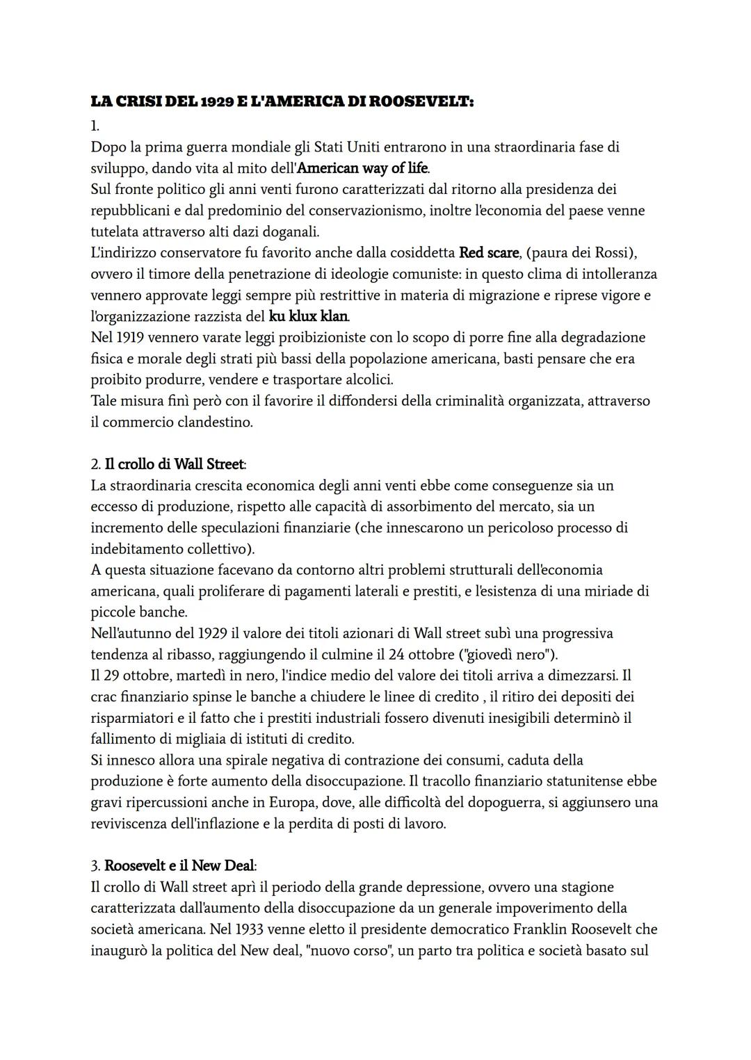 # LA CRISI DEL 1929 E L'AMERICA DI ROOSEVELT:

1.

Dopo la prima guerra mondiale gli Stati Uniti entrarono in una straordinaria fase di
svil