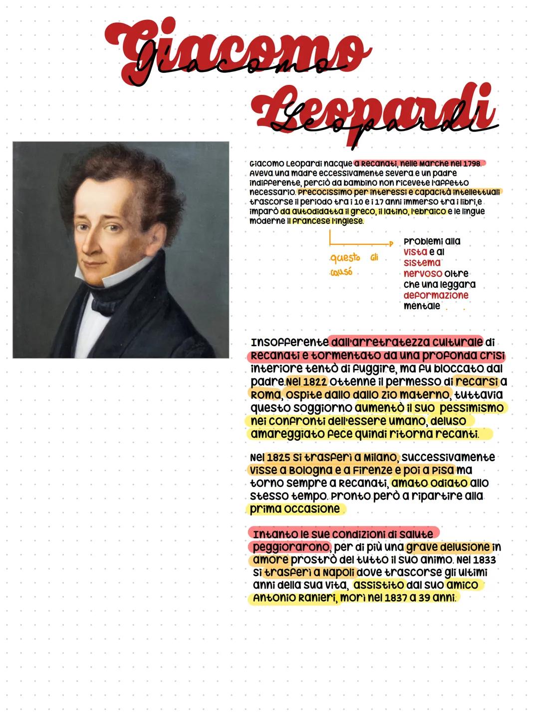 # Giacomo

# Leopardi

Giacomo Leopardi nacque a recanati, nelle marche nel 1798.
Aveva una madre eccessivamente severa e un padre
indiffere