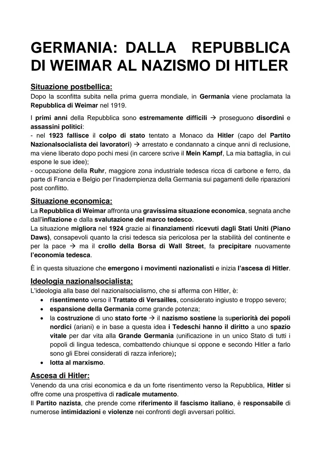 # GERMANIA: DALLA REPUBBLICA
# DI WEIMAR AL NAZISMO DI HITLER

Situazione postbellica:

Dopo la sconfitta subita nella prima guerra mondiale