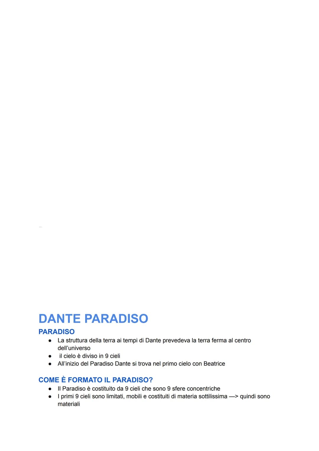DANTE PARADISO
PARADISO
● La struttura della terra ai tempi di Dante prevedeva la terra ferma al centro
dell'universo
●
il cielo è diviso in