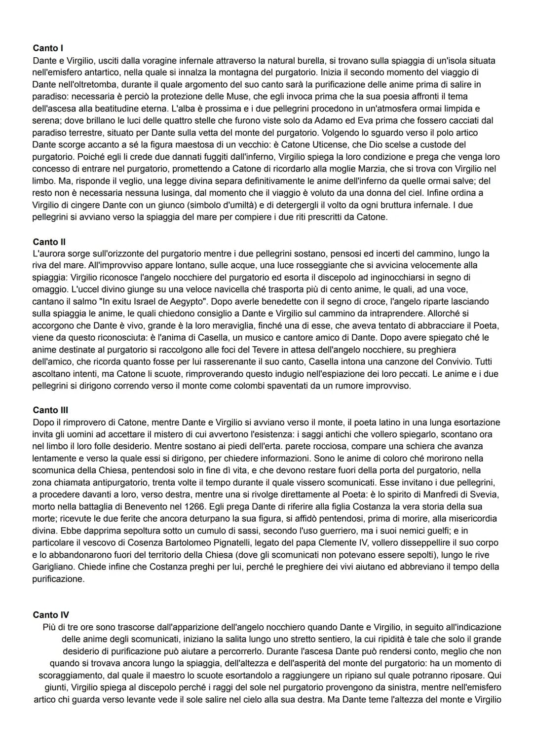 <h2 id="riassuntocanto1purgatorio">Riassunto canto 1 Purgatorio</h2>
<p>Nel Canto I, Dante e Virgilio escono dall'inferno e si trovano sulla