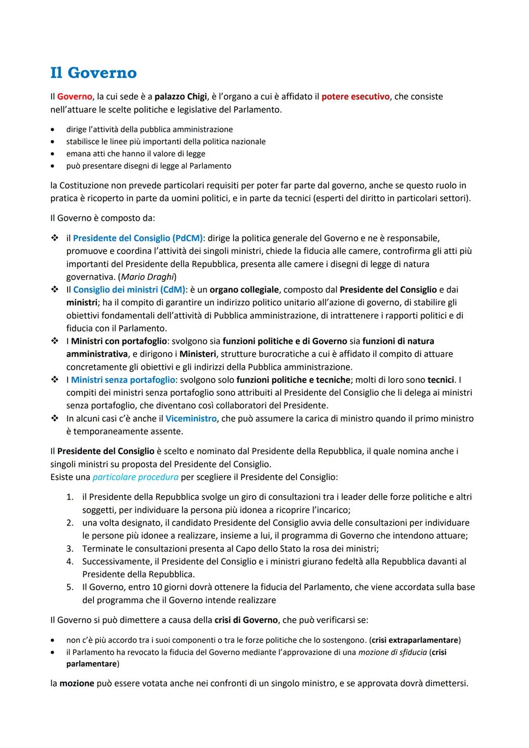 Il Governo
Il Governo, la cui sede è a palazzo Chigi, è l'organo a cui è affidato il potere esecutivo, che consiste
nell'attuare le scelte p