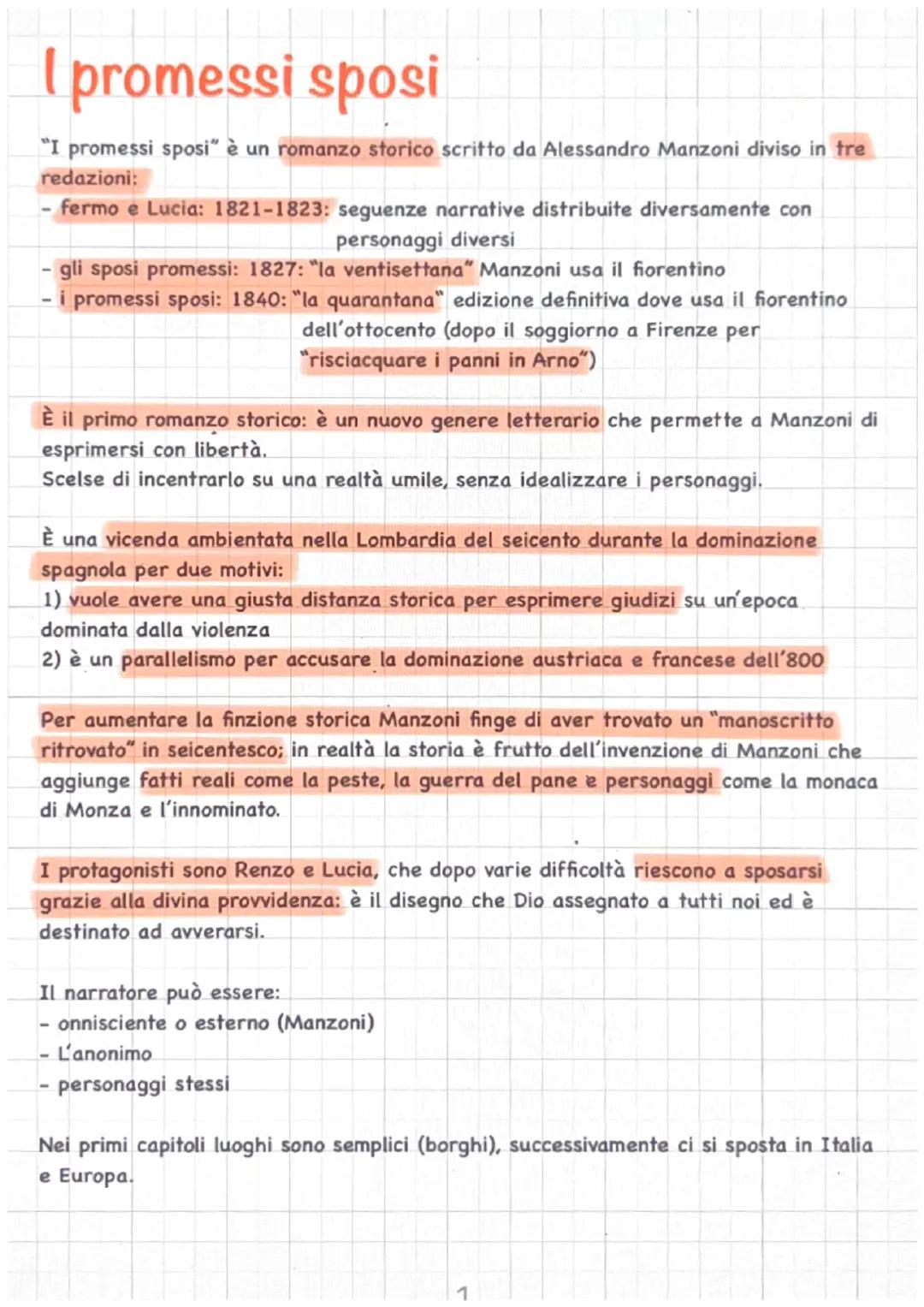 I promessi sposi
"I promessi sposi" è un romanzo storico scritto da Alessandro Manzoni diviso in tre
redazioni:
- fermo e Lucia: 1821-1823: 