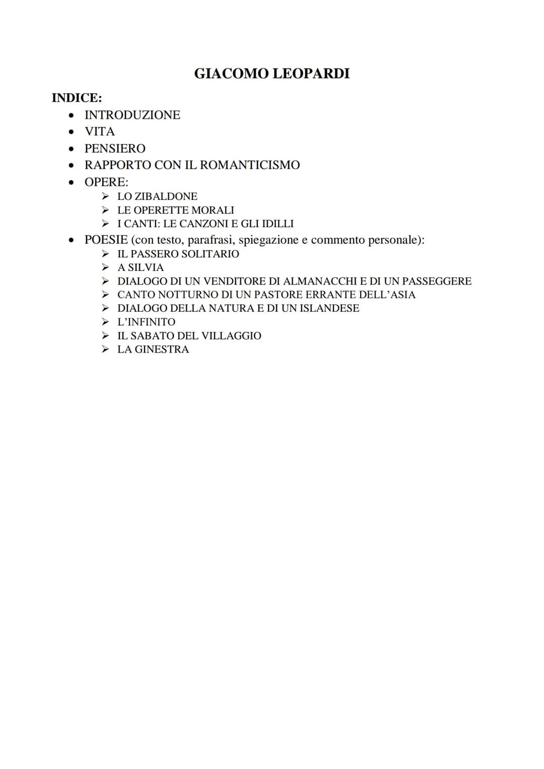 INDICE:
● INTRODUZIONE
GIACOMO LEOPARDI
●
VITA
● PENSIERO
● RAPPORTO CON IL ROMANTICISMO
● OPERE:
➤LO ZIBALDONE
➤ LE OPERETTE MORALI
➤ I CAN