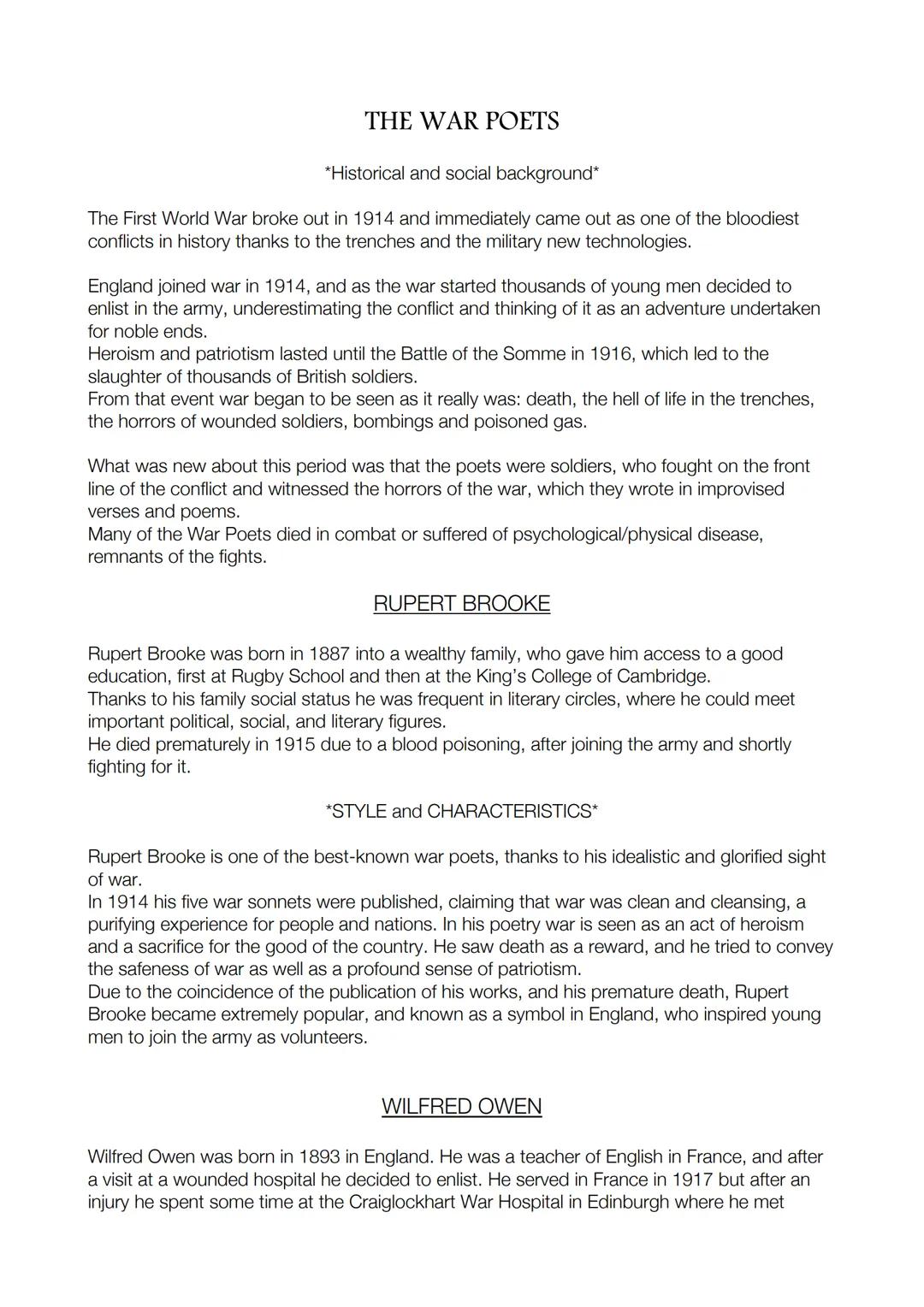 # THE WAR POETS

*Historical and social background*

The First World War broke out in 1914 and immediately came out as one of the bloodiest
