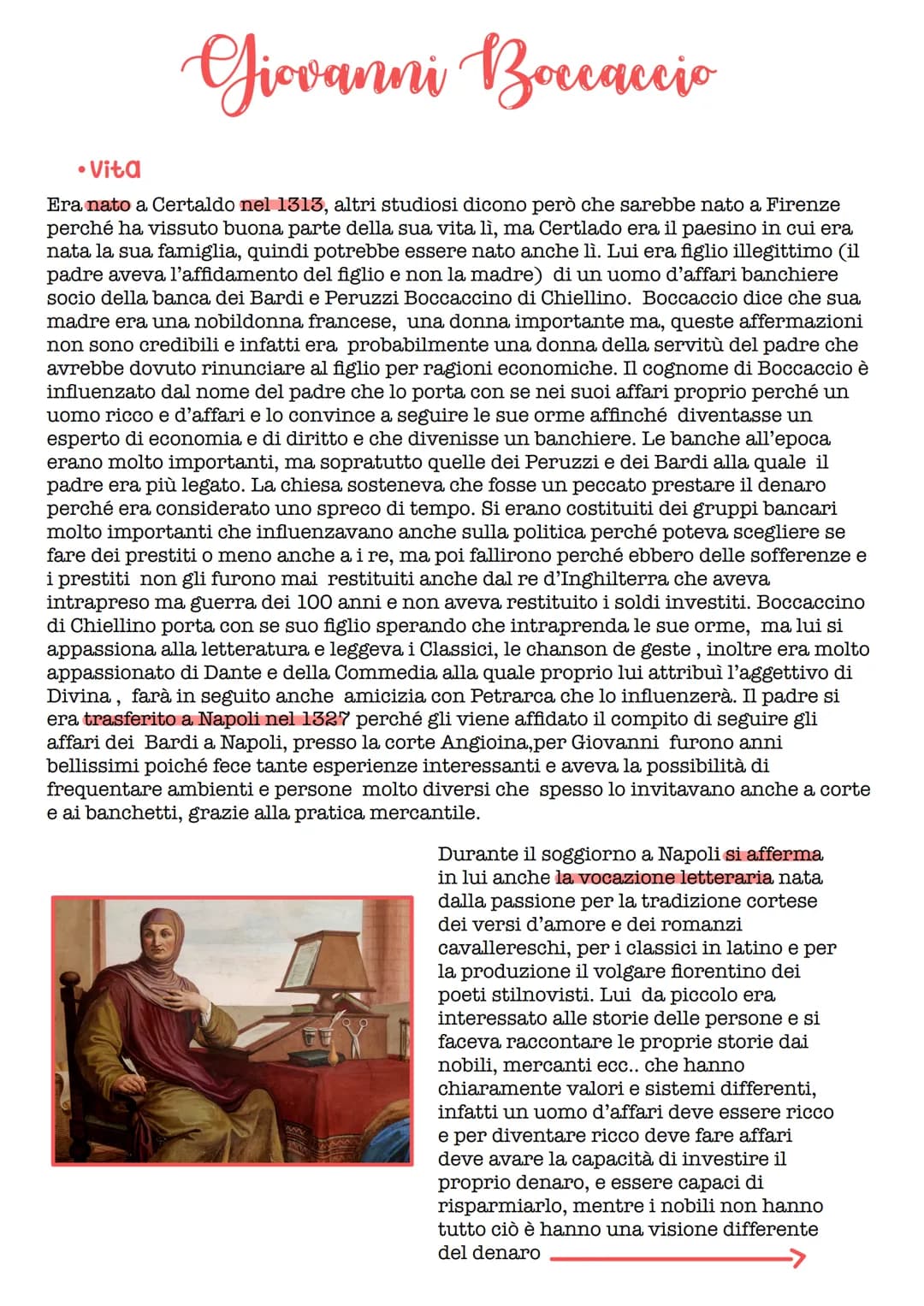 Giovanni Boccaccio
• Vita
Era nato a Certaldo nel 1313, altri studiosi dicono però che sarebbe nato a Firenze
perché ha vissuto buona parte 