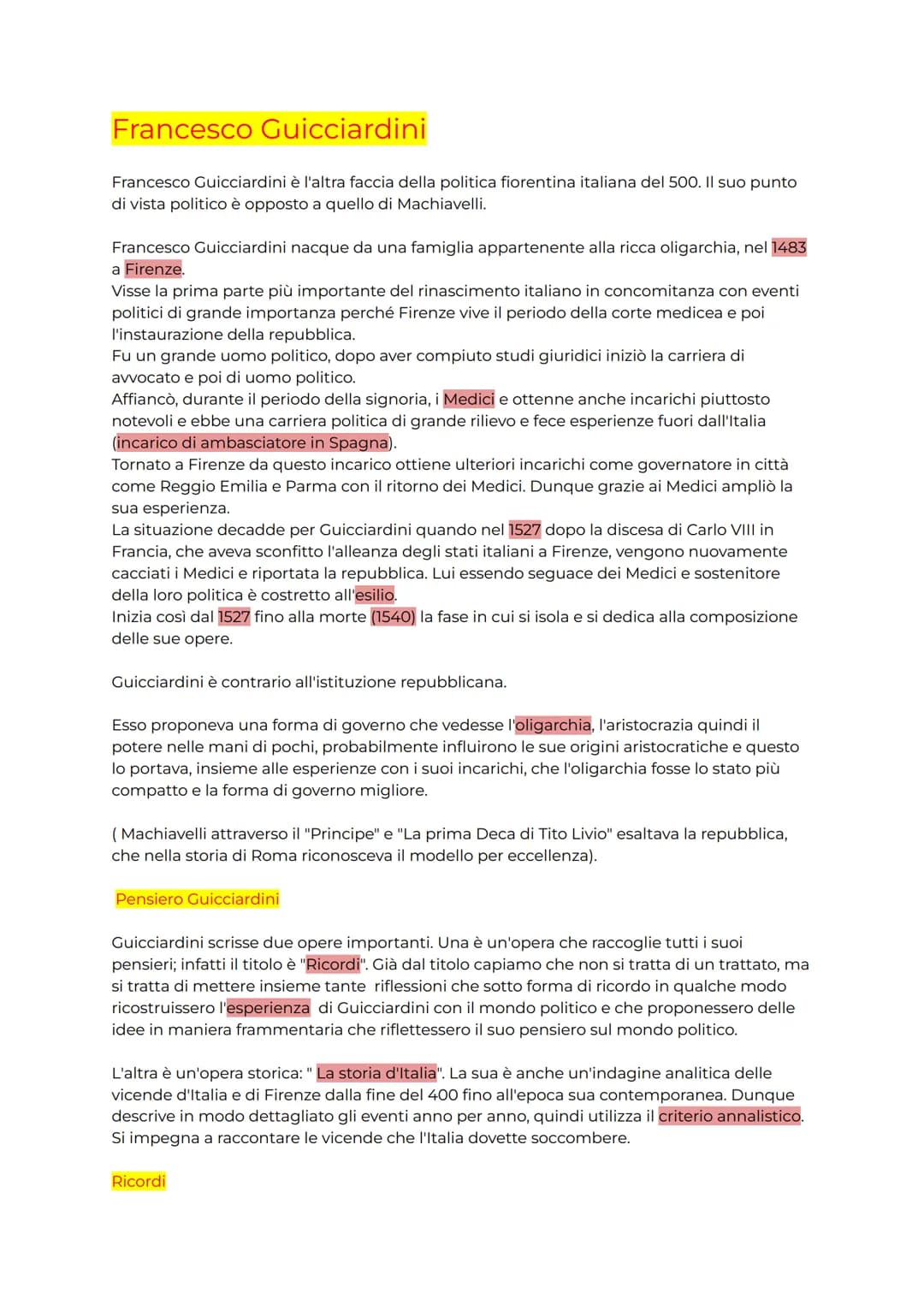 Francesco Guicciardini
Francesco Guicciardini è l'altra faccia della politica fiorentina italiana del 500. Il suo punto
di vista politico è 