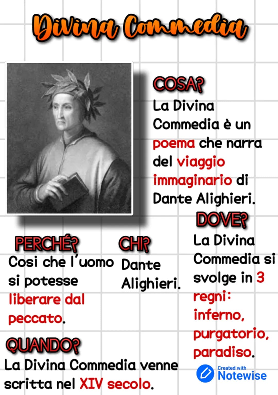 Divina Commedia
COSA?
La Divina
Commedia è un
poema che narra
del viaggio
immaginario di
liberare dal
peccato.
Dante Alighieri.
DOVE?
PERCHÉ