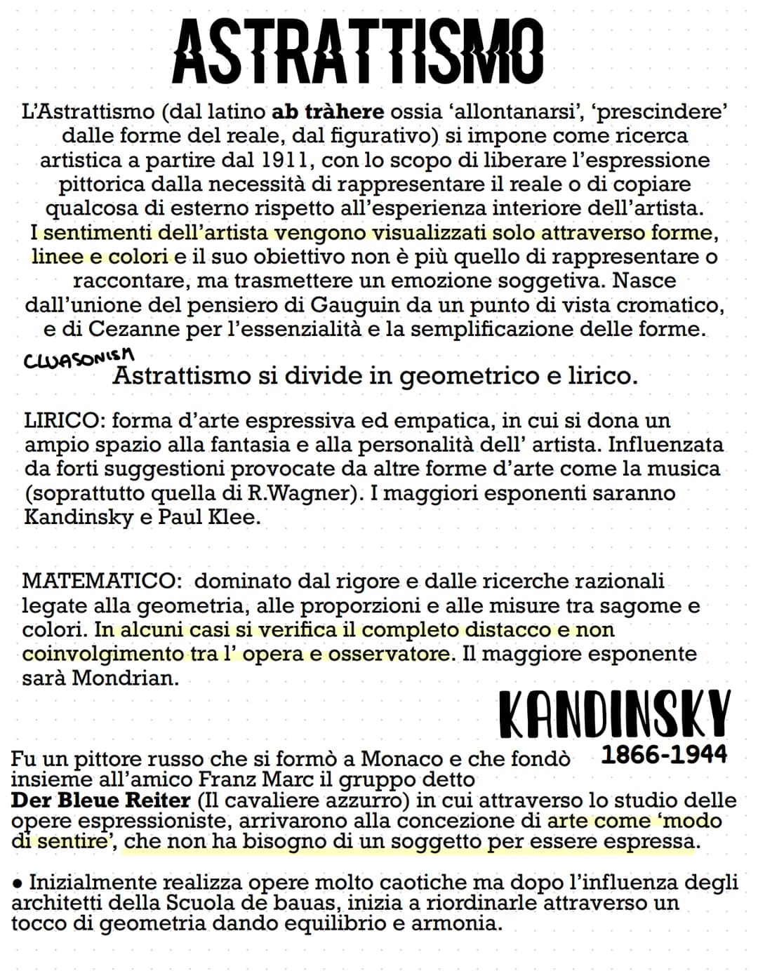 ASTRATTISMO
L'Astrattismo (dal latino ab tràhere ossia ‘allontanarsi', 'prescindere'
dalle forme del reale, dal figurativo) si impone come r