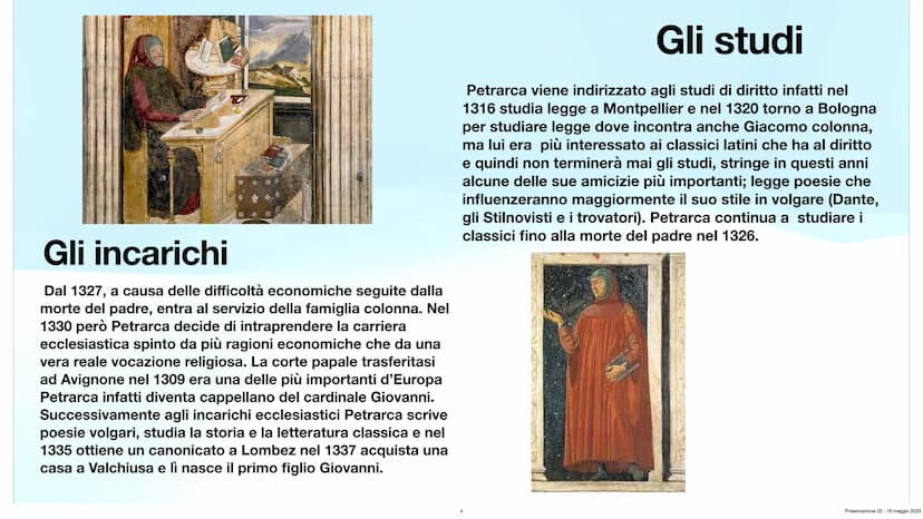 Francesco Petrarca
Angelica Tomaselli 3^A Ch
Presentazione 22-16 maggio 2023 Indice:
L'infanzia di Petrarca
●
1304 del 20 luglio nasce ad Ar