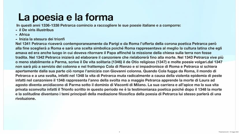 Francesco Petrarca
Angelica Tomaselli 3^A Ch
Presentazione 22-16 maggio 2023 Indice:
L'infanzia di Petrarca
●
1304 del 20 luglio nasce ad Ar