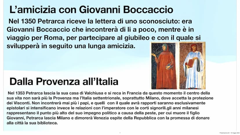 Francesco Petrarca
Angelica Tomaselli 3^A Ch
Presentazione 22-16 maggio 2023 Indice:
L'infanzia di Petrarca
●
1304 del 20 luglio nasce ad Ar