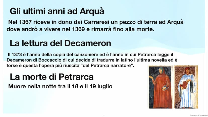 Francesco Petrarca
Angelica Tomaselli 3^A Ch
Presentazione 22-16 maggio 2023 Indice:
L'infanzia di Petrarca
●
1304 del 20 luglio nasce ad Ar
