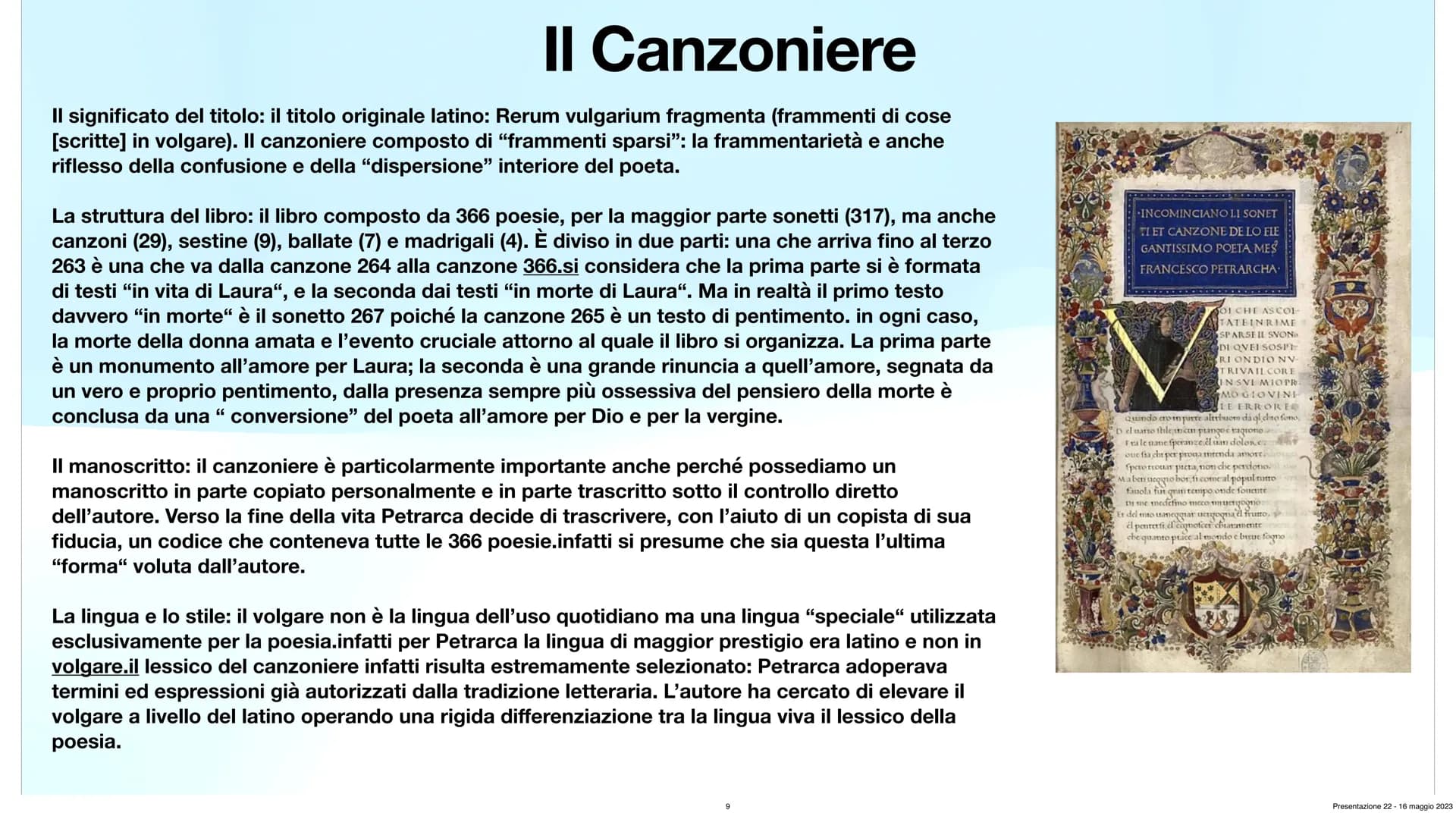Francesco Petrarca
Angelica Tomaselli 3^A Ch
Presentazione 22-16 maggio 2023 Indice:
L'infanzia di Petrarca
●
1304 del 20 luglio nasce ad Ar