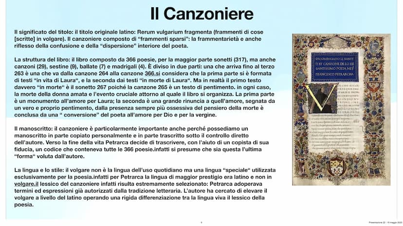 Francesco Petrarca
Angelica Tomaselli 3^A Ch
Presentazione 22-16 maggio 2023 Indice:
L'infanzia di Petrarca
●
1304 del 20 luglio nasce ad Ar