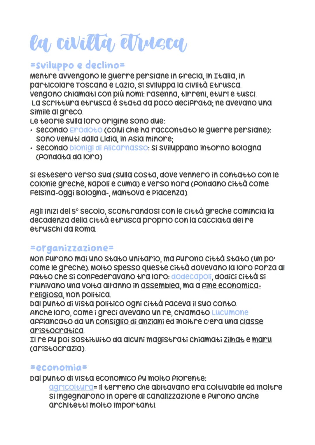 la civiltà etrusca
=sviluppo e declino=
Mentre avvengono le guerre persiane in Grecia, in Italia, in
particolare Toscana e Lazio, si svilupp