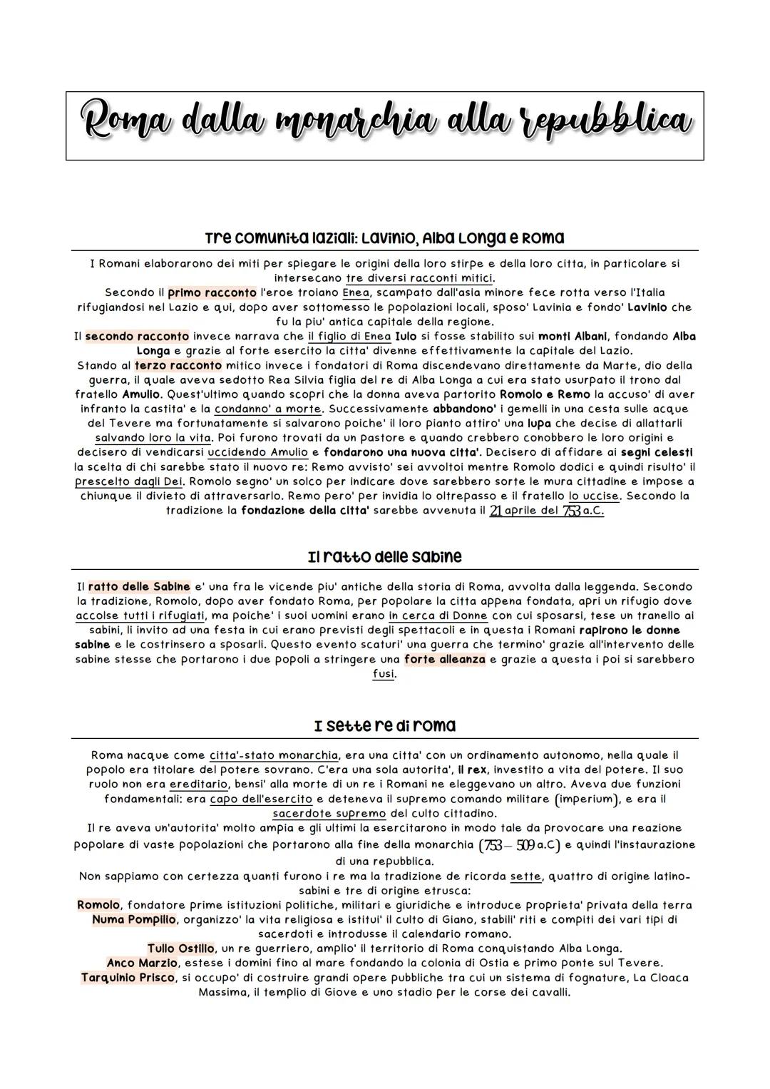 Roma dalla monarchia alla repubblica
Tre comunita laziali: Lavinio, Alba Longa e Roma
I Romani elaborarono dei miti per spiegare le origini 