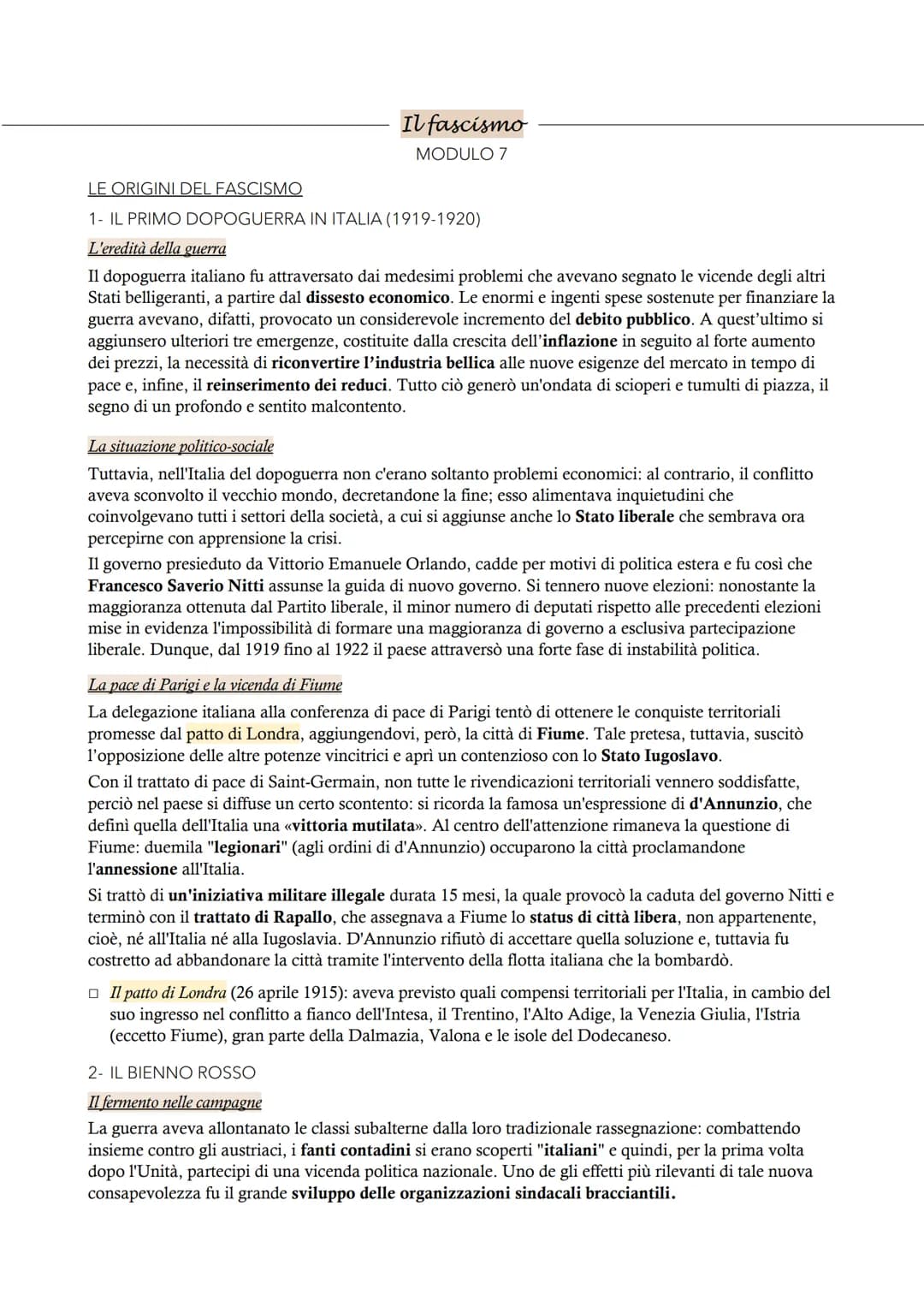 Il fascismo
MODULO 7
LE ORIGINI DEL FASCISMO
1- IL PRIMO DOPOGUERRA IN ITALIA (1919-1920)
L'eredità della guerra
Il dopoguerra italiano fu a