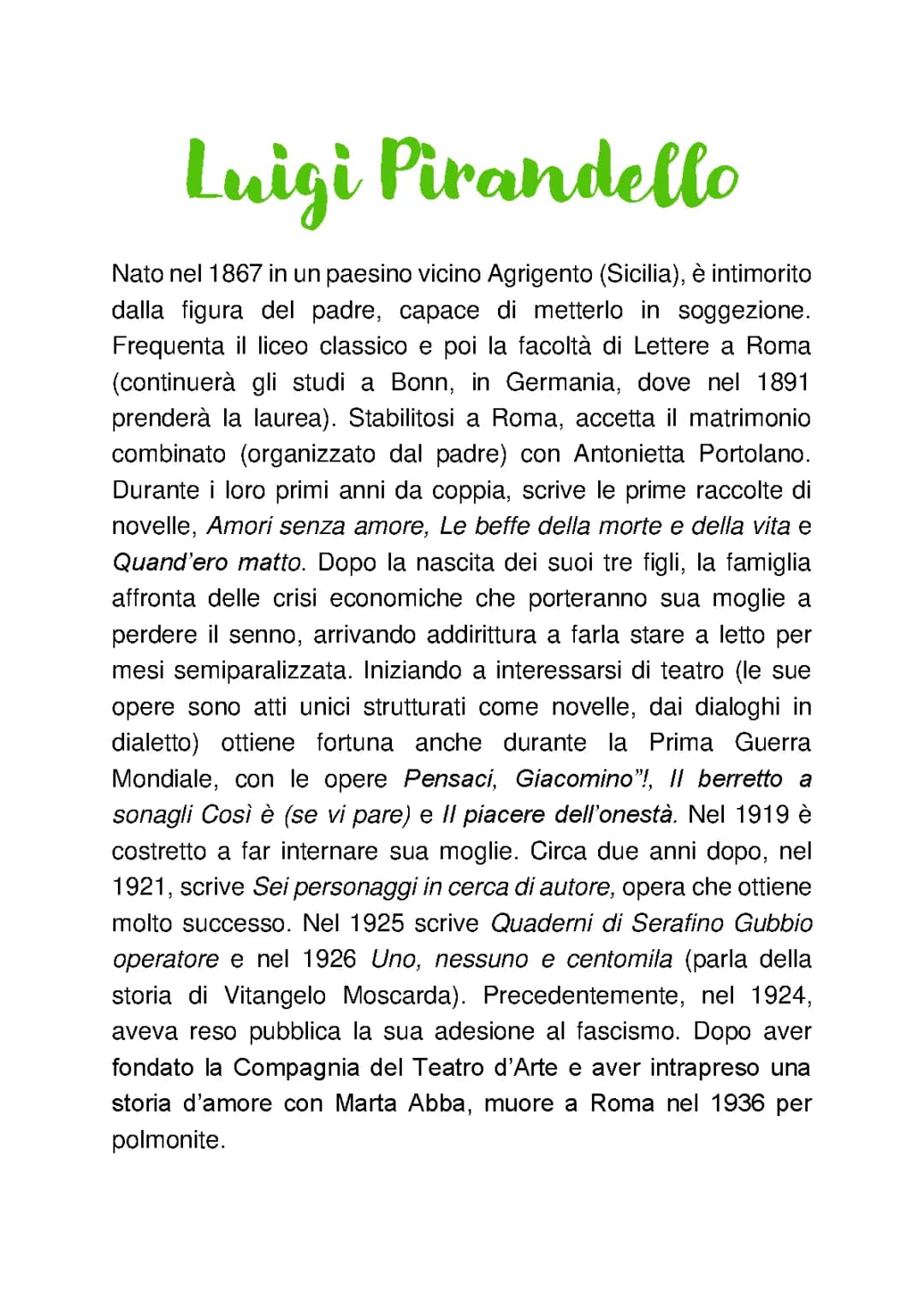 Vita e Opere di Luigi Pirandello: Riassunto e PDF
