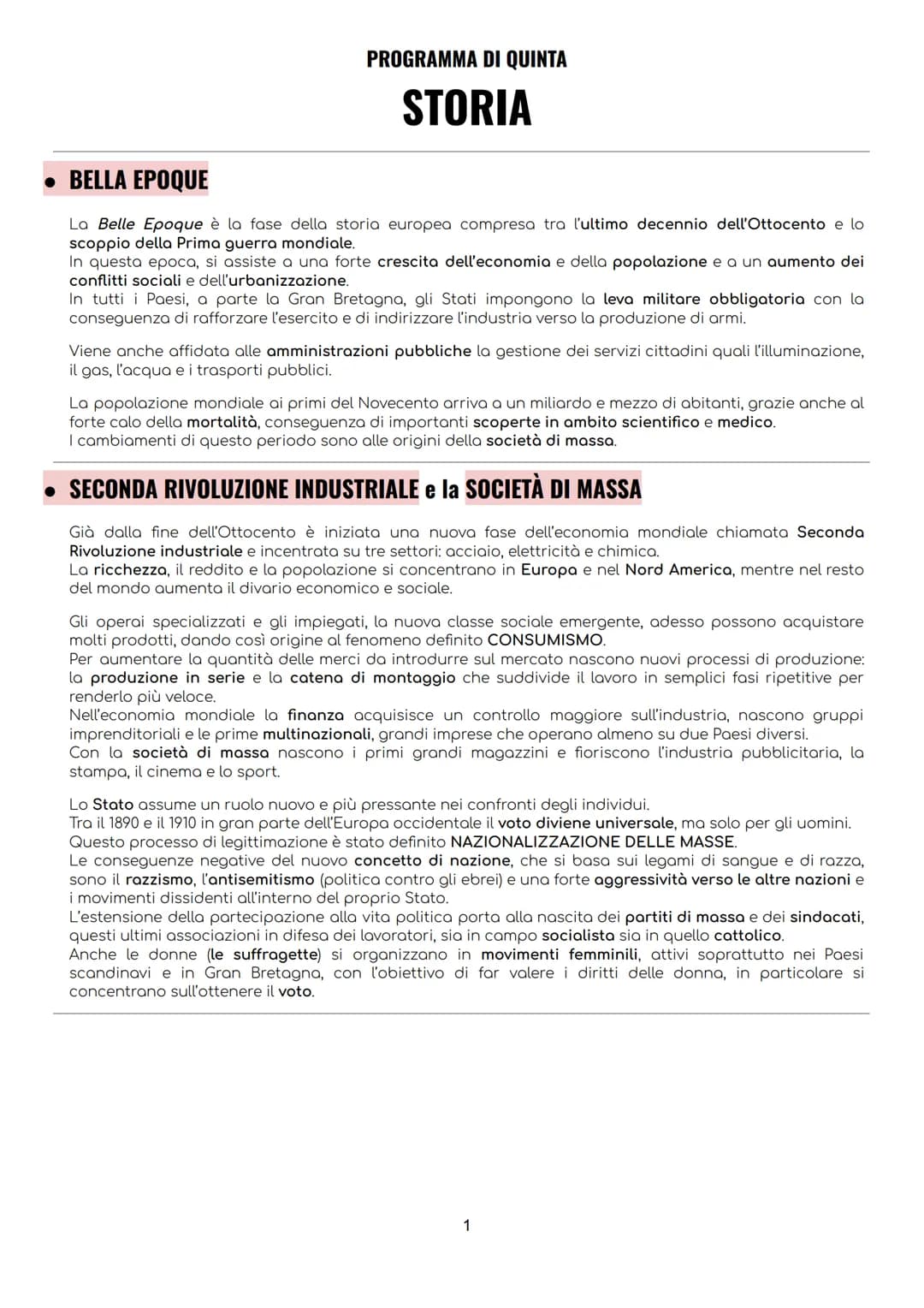 PROGRAMMA DI QUINTA
STORIA
BELLA EPOQUE
La Belle Epoque è la fase della storia europea compresa tra l'ultimo decennio dell'Ottocento e lo
sc