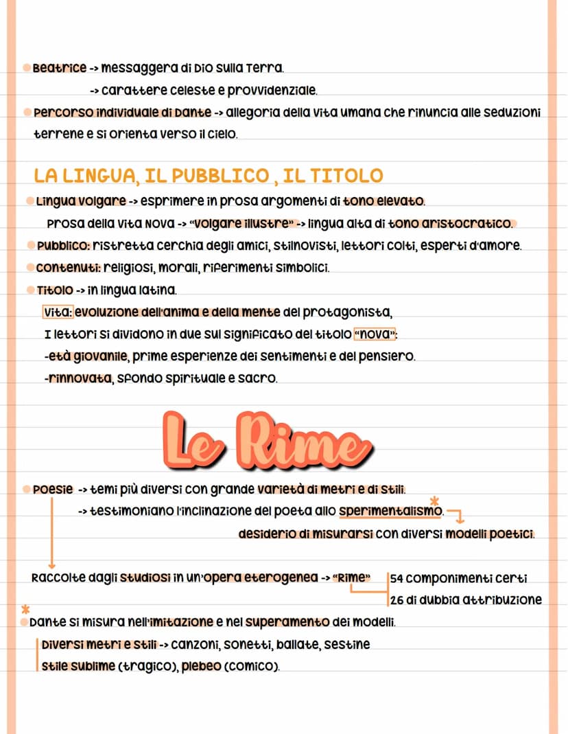 La Vita Nova
Dante scrive poesie d'amore.
Alcune -> raccolte in "Vita Nova"
opera mista di prosa e poesia ("libello")
Lingua: volgare
Argome