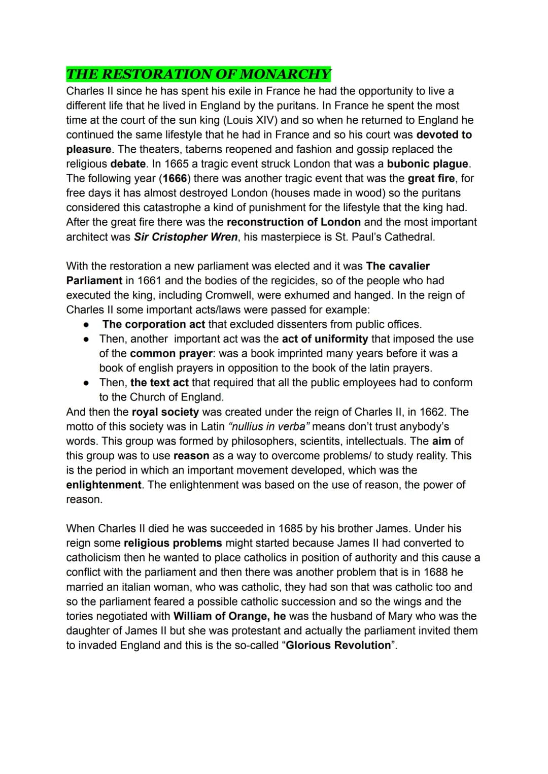 THE RESTORATION OF MONARCHY
Charles II since he has spent his exile in France he had the opportunity to live a
different life that he lived 
