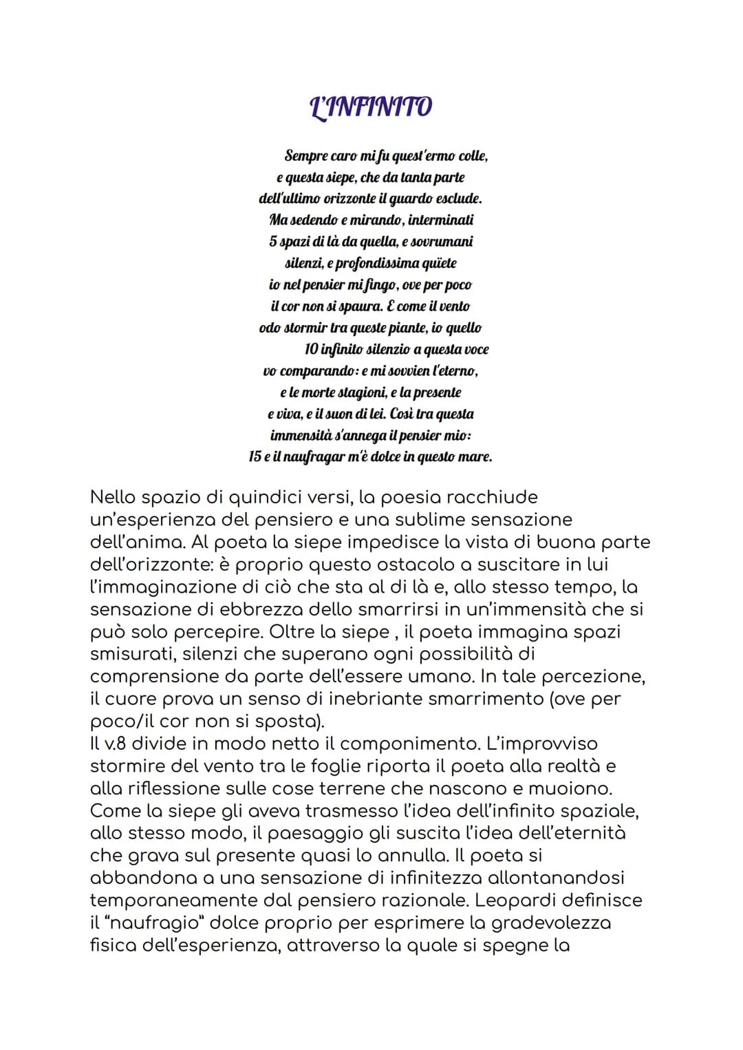 L'INFINITO
Sempre caro mi fu quest'ermo colle,
e questa siepe, che da tanta parte
dell'ultimo orizzonte il guardo esclude.
Ma sedendo e mira