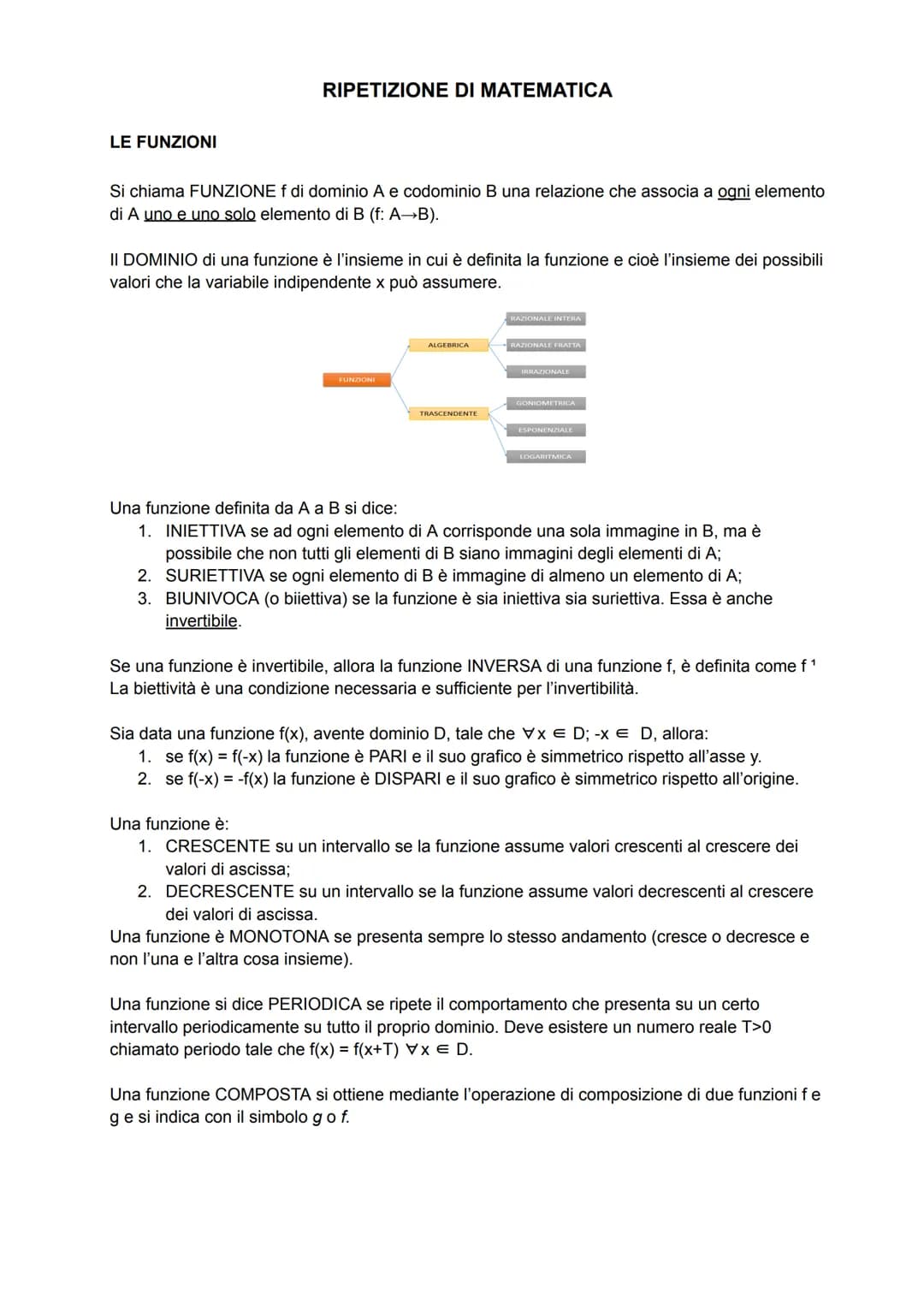 LE FUNZIONI
RIPETIZIONE DI MATEMATICA
Si chiama FUNZIONE f di dominio A e codominio B una relazione che associa a ogni elemento
di A uno e u