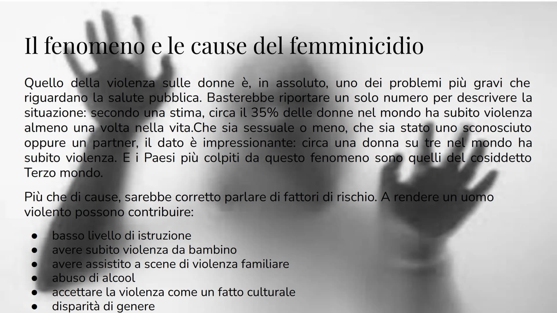 Il Femminicidio
Giada Mincione Con il termine femminicidio si intende un
particolare tipo di omicidio la cui vittima è
una donna. La parola 