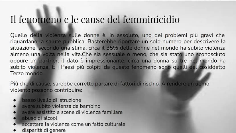 Il Femminicidio
Giada Mincione Con il termine femminicidio si intende un
particolare tipo di omicidio la cui vittima è
una donna. La parola 