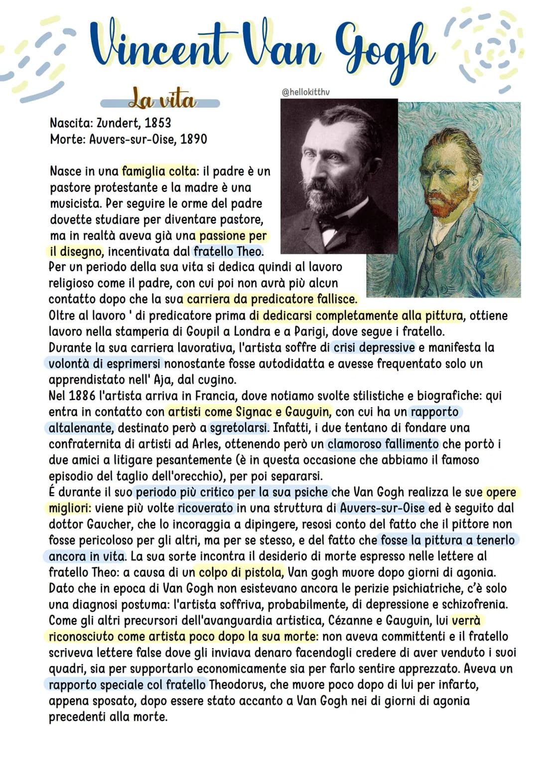 Vincent Van Gogh
La vita
Nascita: Zundert, 1853
Morte: Auvers-sur-Oise, 1890
@hellokitthv
Nasce in una famiglia colta: il padre è un
pastore