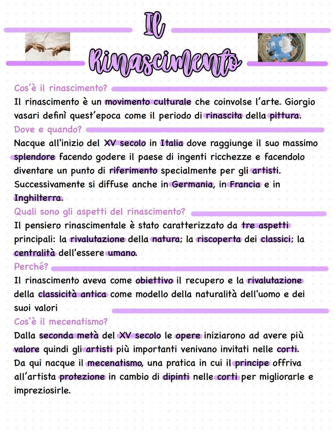I
-Rinasciments
Cos'è il rinascimento?
Il rinascimento è un movimento culturale che coinvolse l'arte. Giorgio
vasari definì quest'epoca come