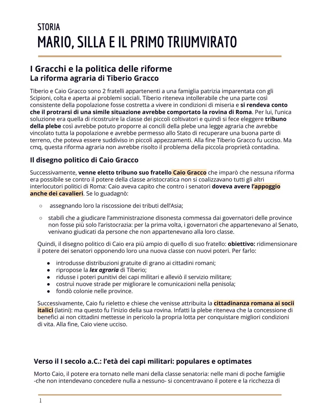 STORIA
MARIO, SILLA E IL PRIMO TRIUMVIRATO
I Gracchi e la politica delle riforme
La riforma agraria di Tiberio Gracco
Tiberio e Caio Gracco 